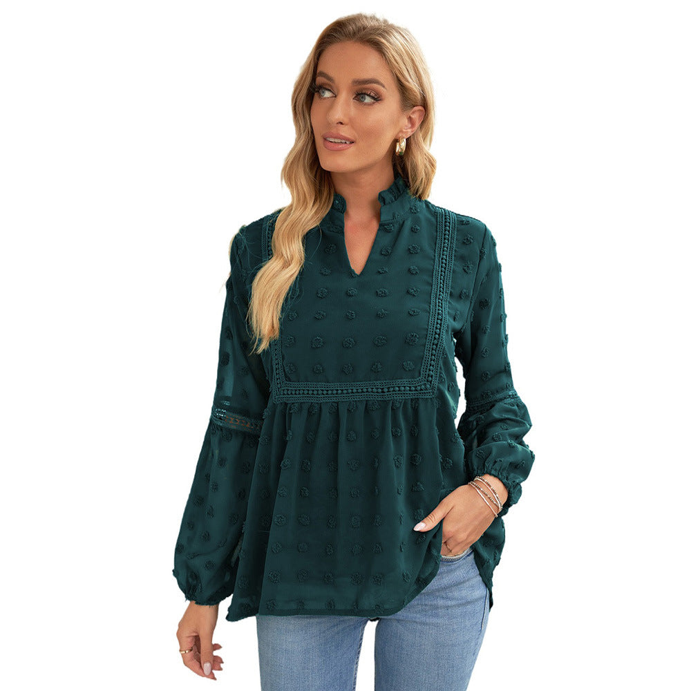 Solid Color Fur Ball Decoration V-Neck Puff Sleeve