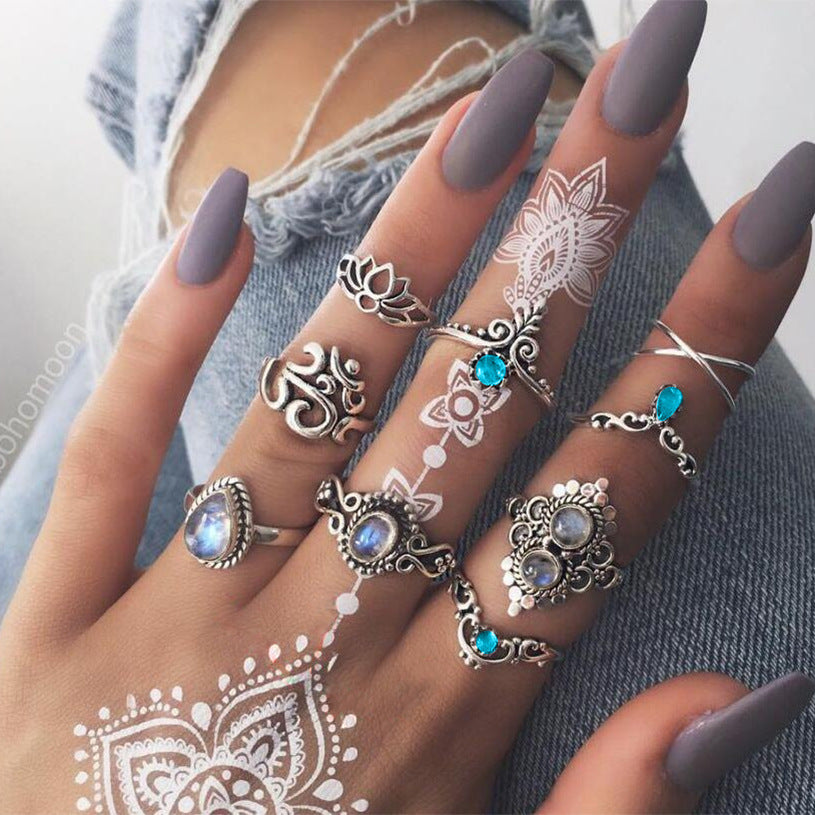 Bohemian Retro Crystal Flower Leaves Hollow Lotus Gem Silver Ring Set