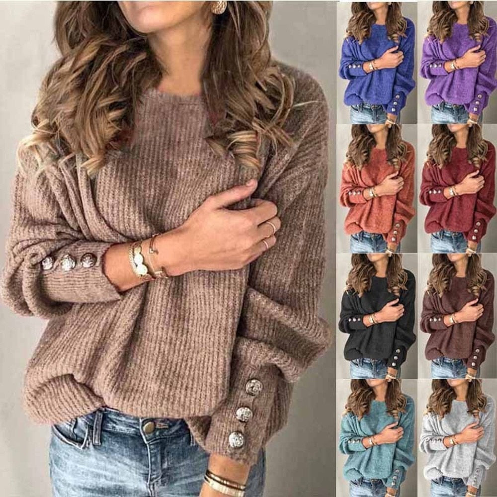 Long Sleeve Round Neck Button Knit T-shirt