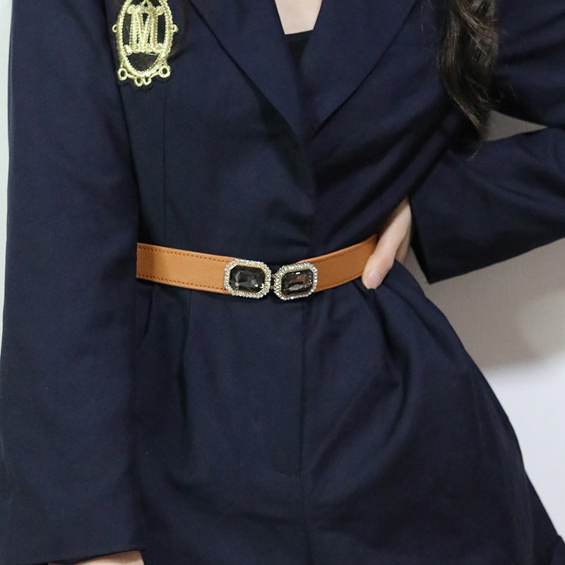Square inset diamond to buckle elastic thin waist belt female slim small retro belt