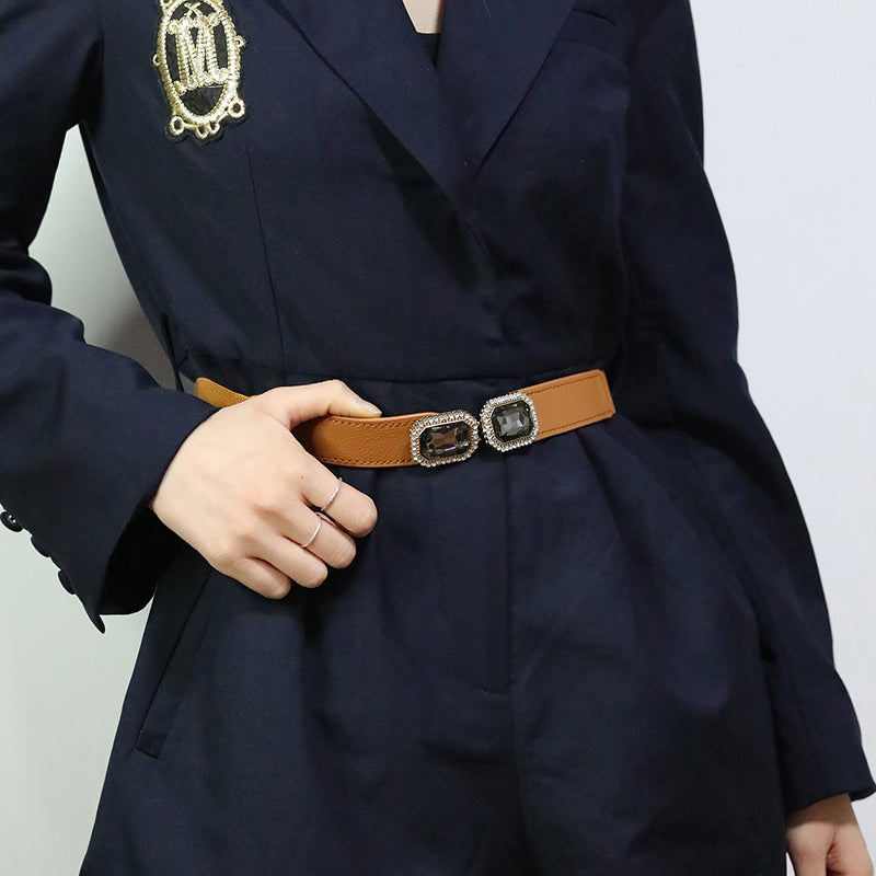 Square inset diamond to buckle elastic thin waist belt female slim small retro belt