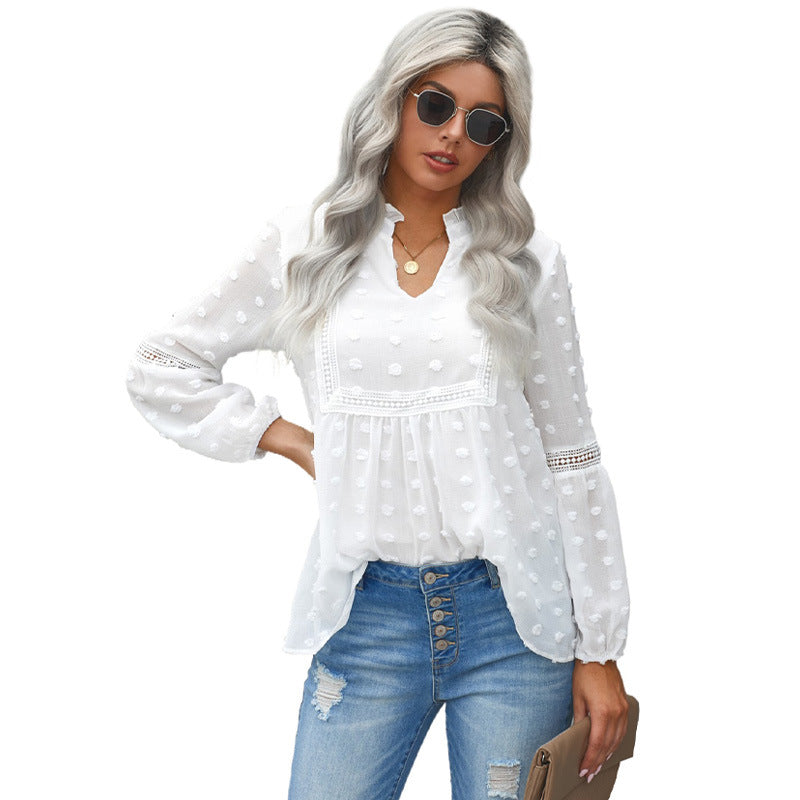 Solid Color Fur Ball Decoration V-Neck Puff Sleeve