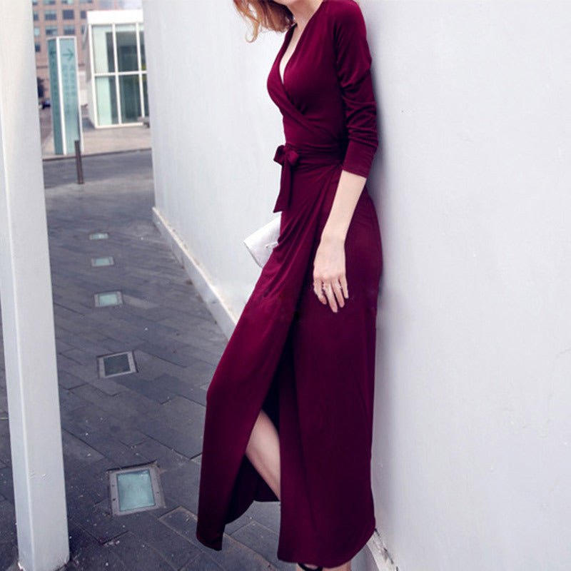 V-neck Tie Waist Slim Dress