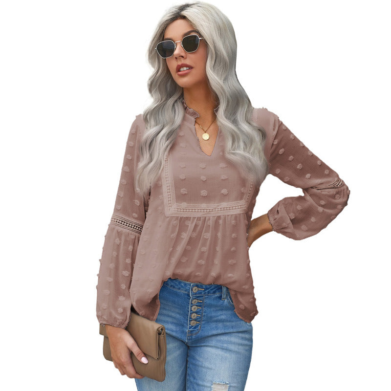 Solid Color Fur Ball Decoration V-Neck Puff Sleeve