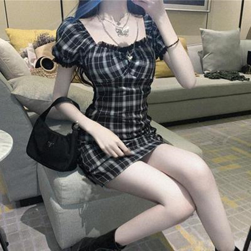 Puff Sleeve Mesh Stitching Plaid Dress