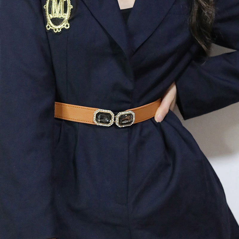 Square inset diamond to buckle elastic thin waist belt female slim small retro belt