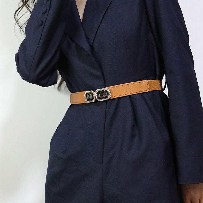 Square inset diamond to buckle elastic thin waist belt female slim small retro belt