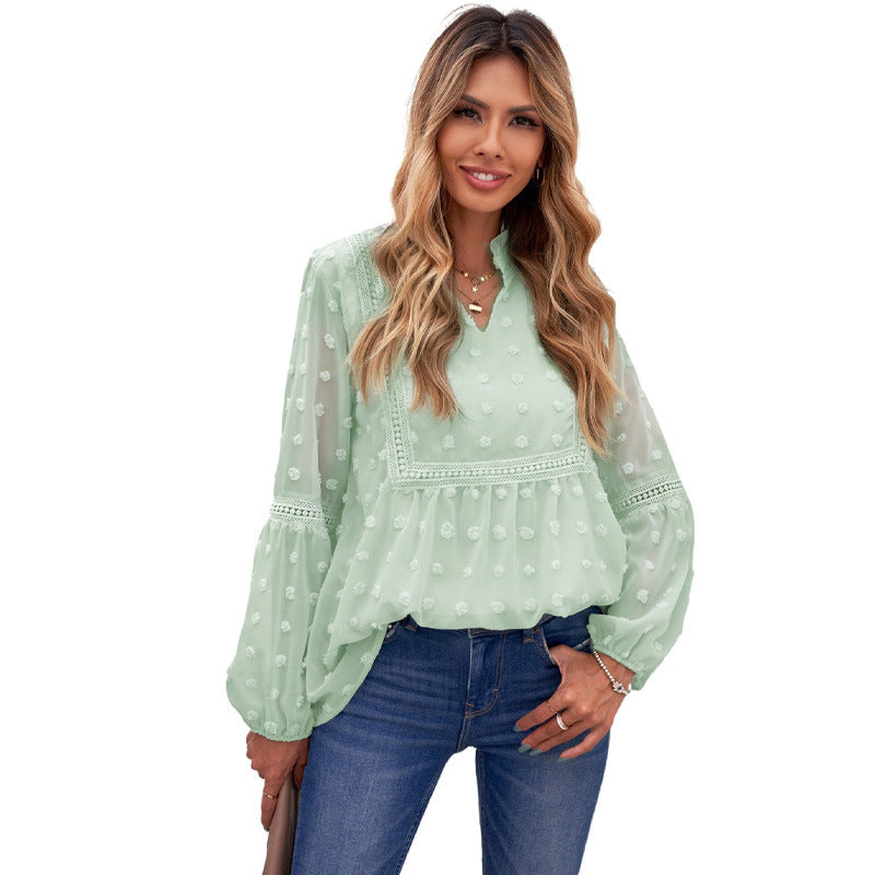 Solid Color Fur Ball Decoration V-Neck Puff Sleeve