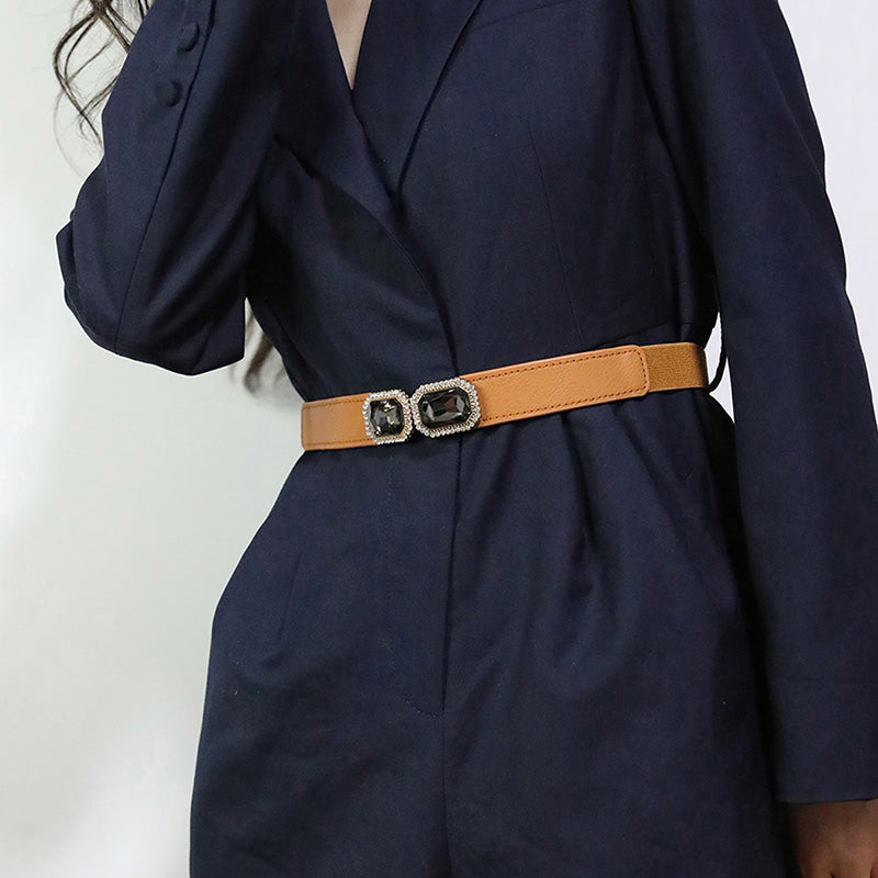 Square inset diamond to buckle elastic thin waist belt female slim small retro belt