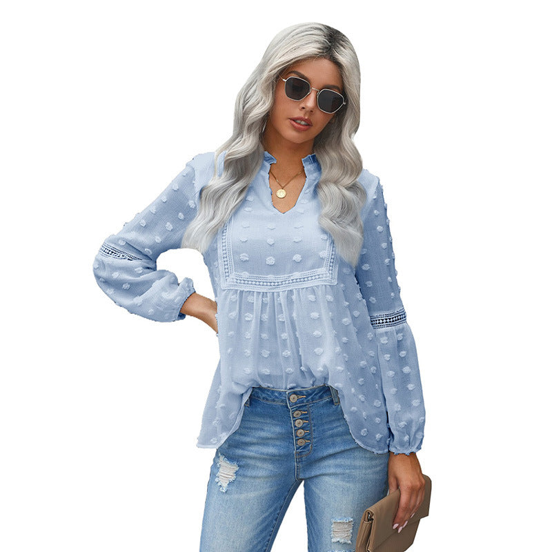 Solid Color Fur Ball Decoration V-Neck Puff Sleeve