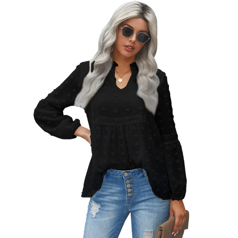 Solid Color Fur Ball Decoration V-Neck Puff Sleeve