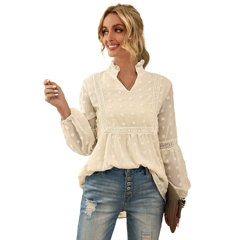 Solid Color Fur Ball Decoration V-Neck Puff Sleeve