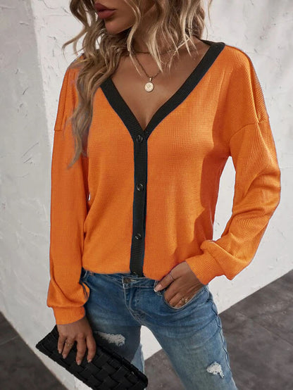 Top Waffle Long Sleeve Cardigan T-shirt