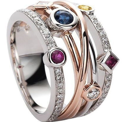 Hip-hop Style Jewelry, Fashionable Geometric Line Inlaid Multi-color Zircon Ring