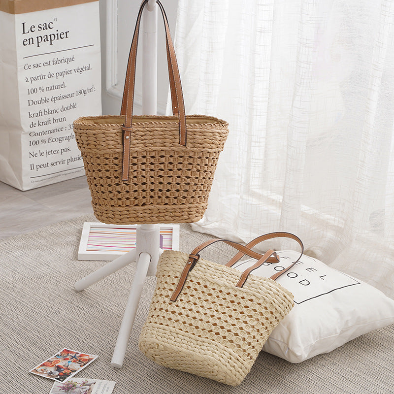 Large Capacity White Khaki Straw Braided Bag