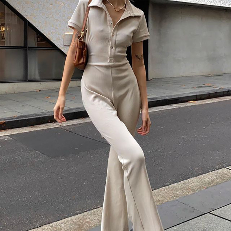 Skinny Backless Lapel Button Jumpsuit