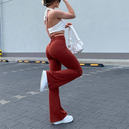 High-waist Elastic Lace-up Solid Color Trousers