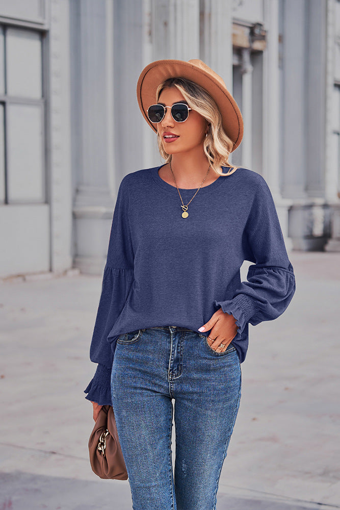 Autumn And Winter New Round Neck Pleated Lantern Sleeve T-shirt