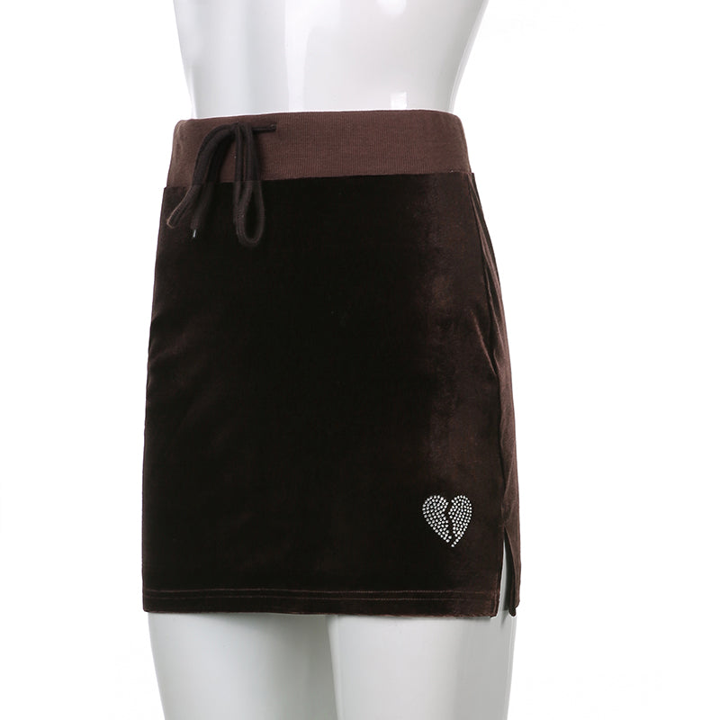 Pure Color Velvet Love Heart Hot Diamond Waist Lace-up Skirt