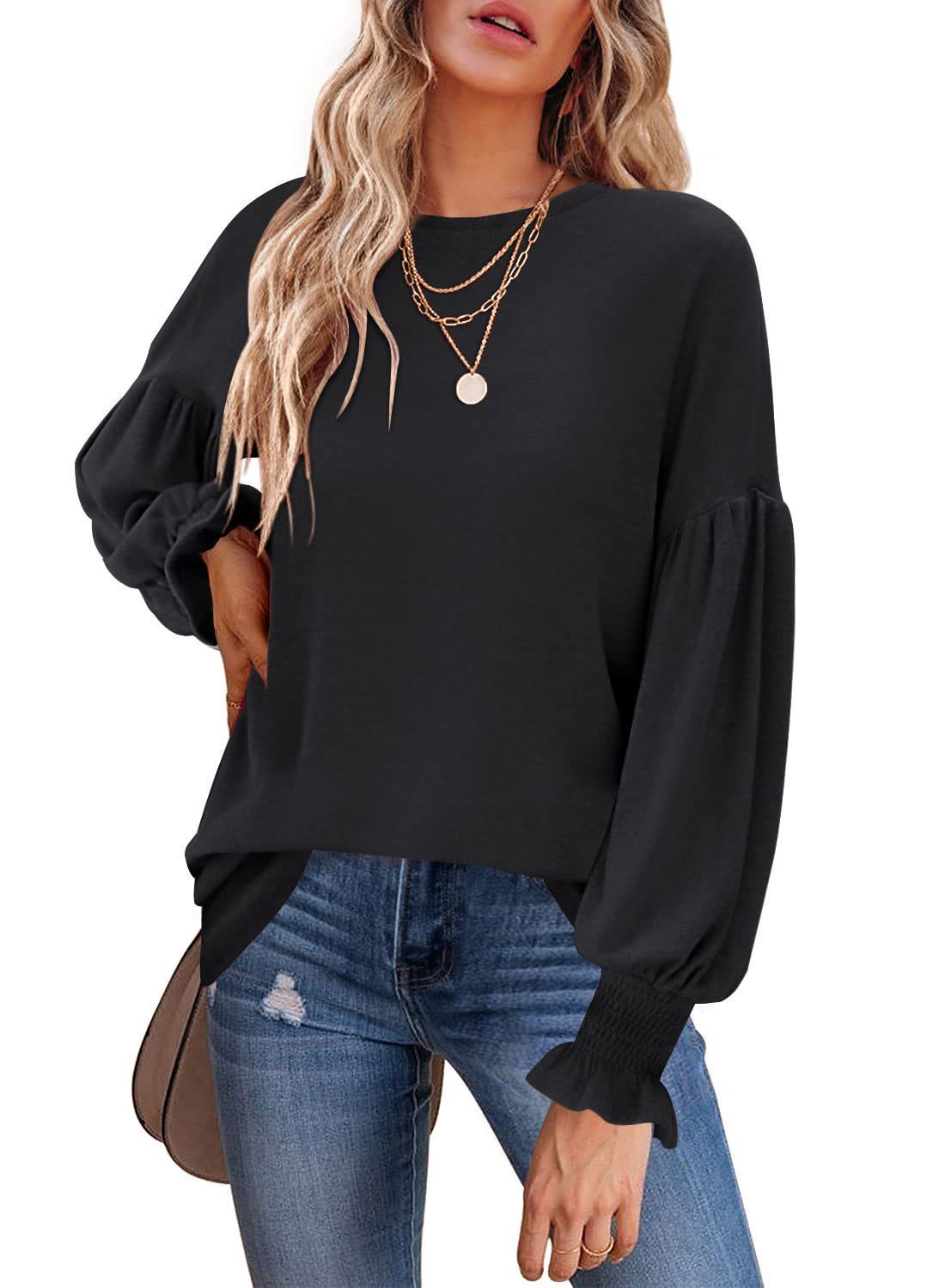 Autumn And Winter New Round Neck Pleated Lantern Sleeve T-shirt