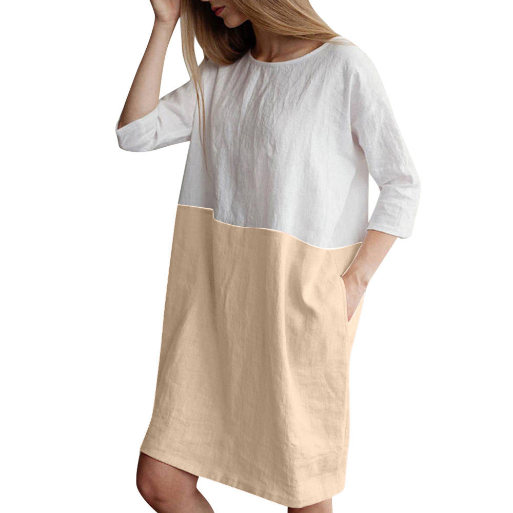 Splicing half-sleeved cotton and linen dress