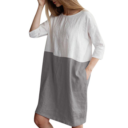 Splicing half-sleeved cotton and linen dress