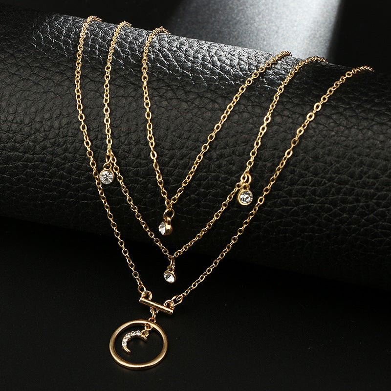 Antique Gold Circle Moon Rhinestone Pendant Necklaces