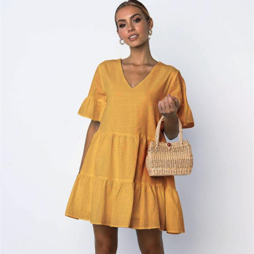 V-neck short sleeve skirt dress