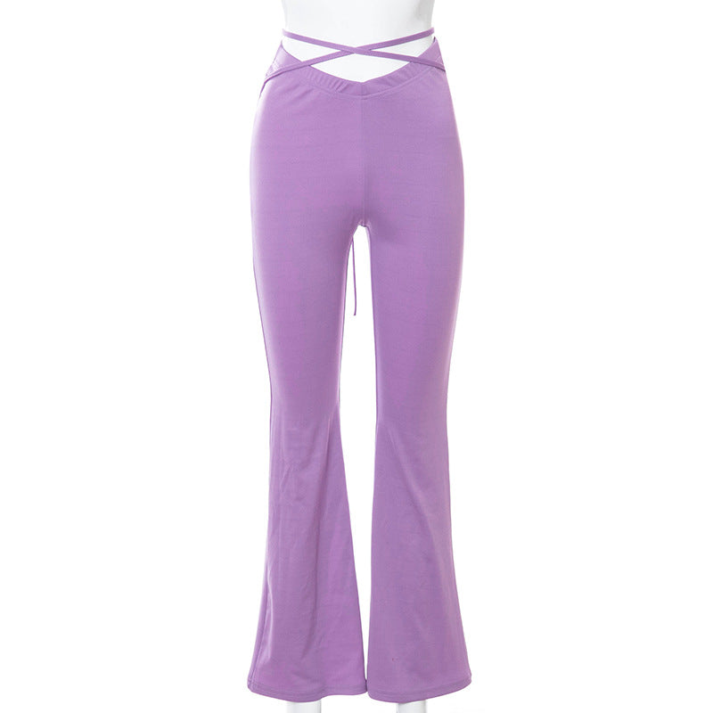 V-shaped Waist Umbilical Cross Strap Flared Casual Pants