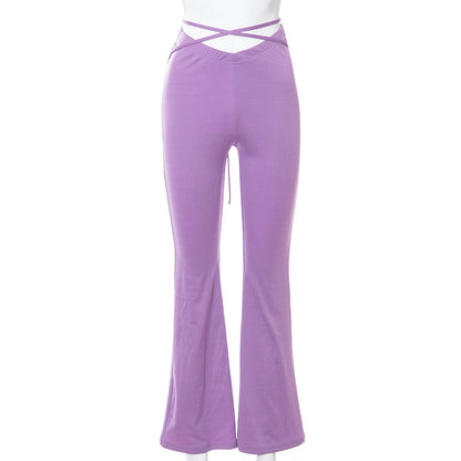 V-shaped Waist Umbilical Cross Strap Flared Casual Pants