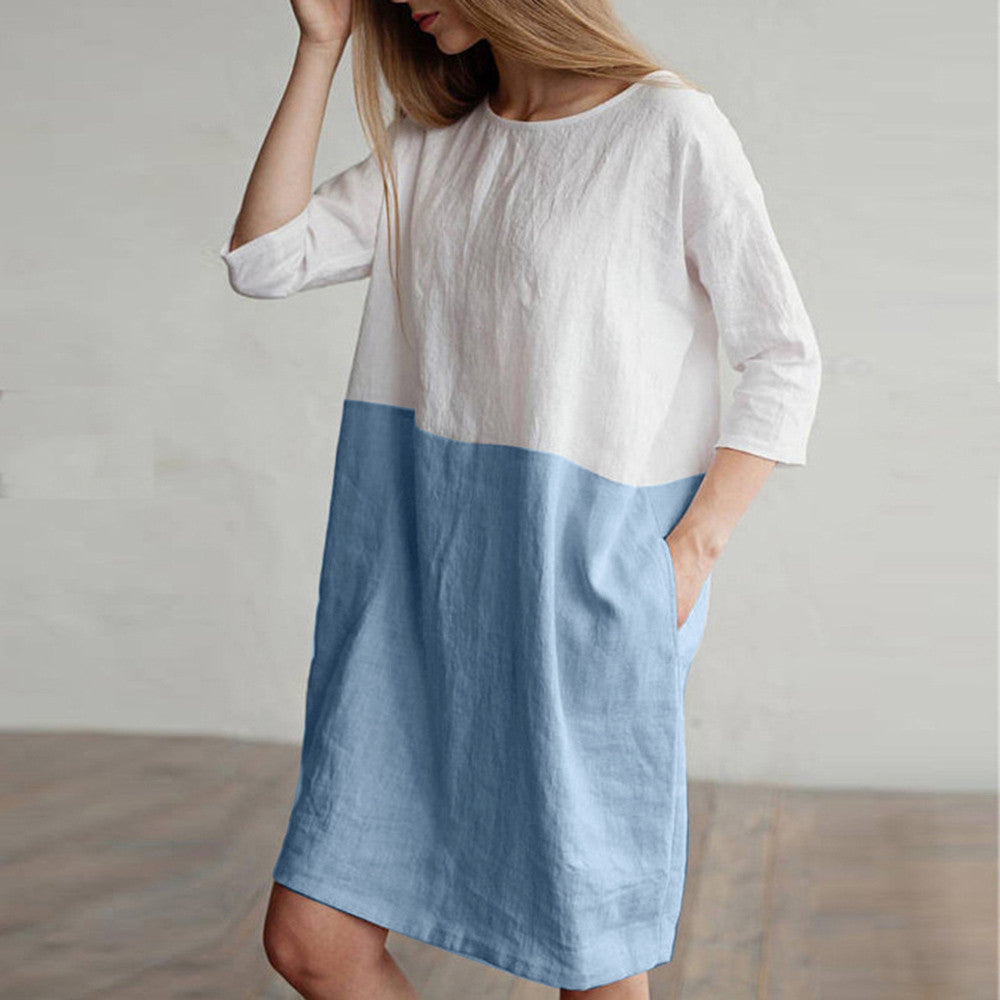 Splicing half-sleeved cotton and linen dress