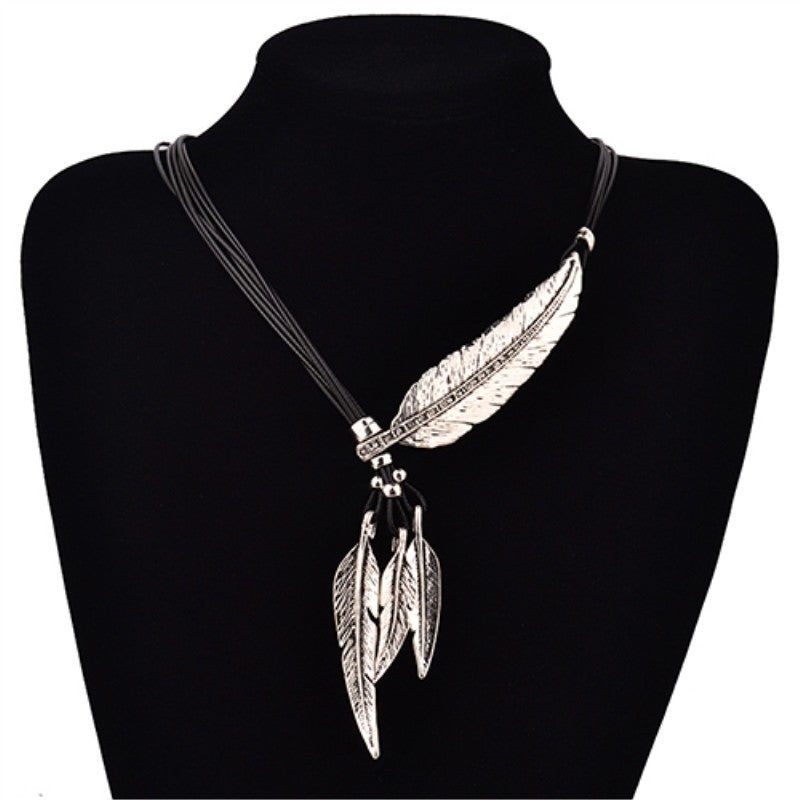 3 Colors Black Rope Multilayer Feather Leaf Tassels Necklace