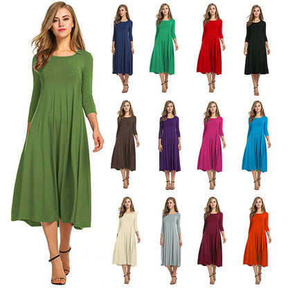 Crew Neck Sleeve Solid Color Dress