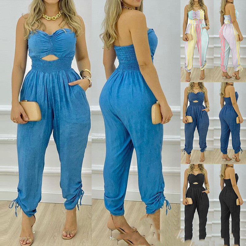 Blue Tube Top One-piece Trousers