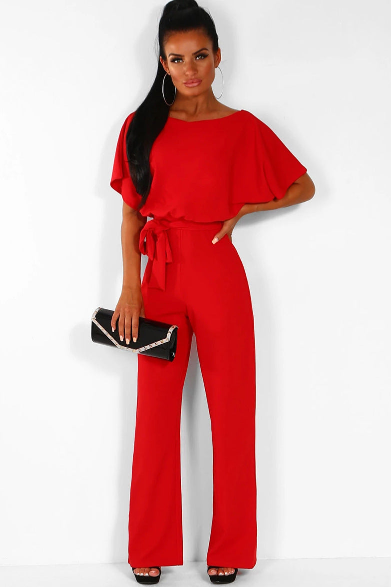 Short sleeve women's jumpsuit with lace button