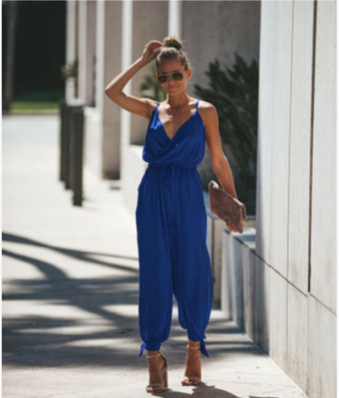 sexy backless tether pocket sling V-neck jumpsuit