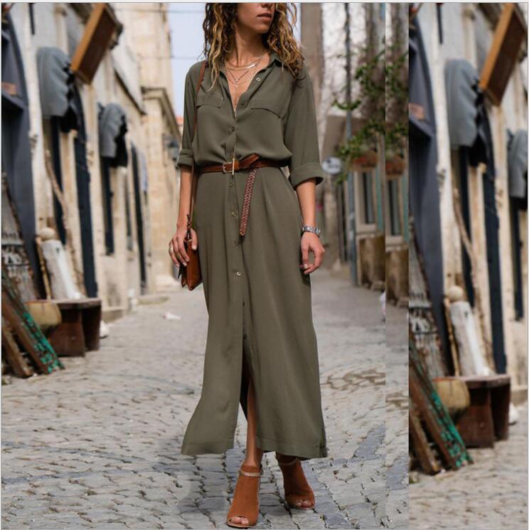 Solid Color Long Sleeve Split Long Skirt