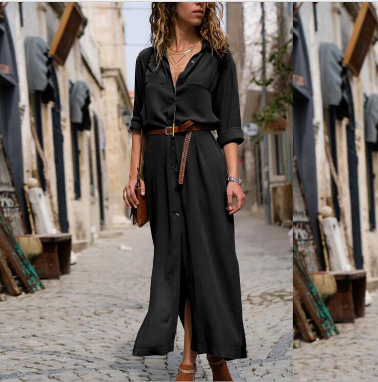 Solid Color Long Sleeve Split Long Skirt