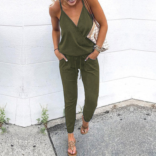 Lace-up Pocket Halter Suspender Women's Jumpsuit