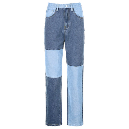 Contrasting Stitching High-rise Straight-leg Jeans