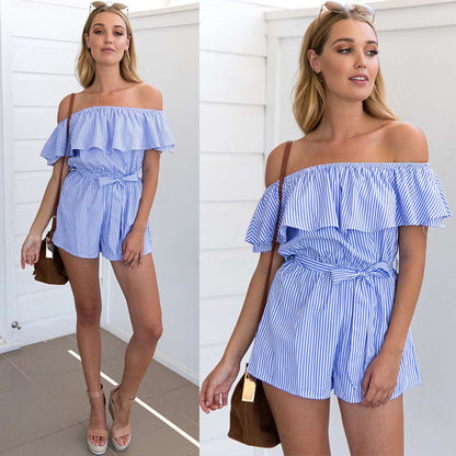 Summer Sexy Blue And White Striped Off Shoulder Jumpsuit