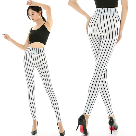 Black And White Vertical Striped High Waist Tights