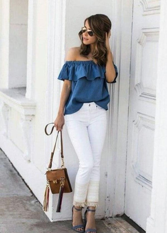 Off Shoulder Tops T-Shirts Summer Casual Cotton Denim