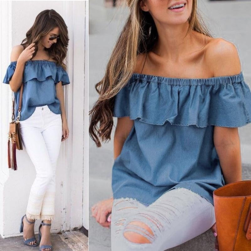 Off Shoulder Tops T-Shirts Summer Casual Cotton Denim