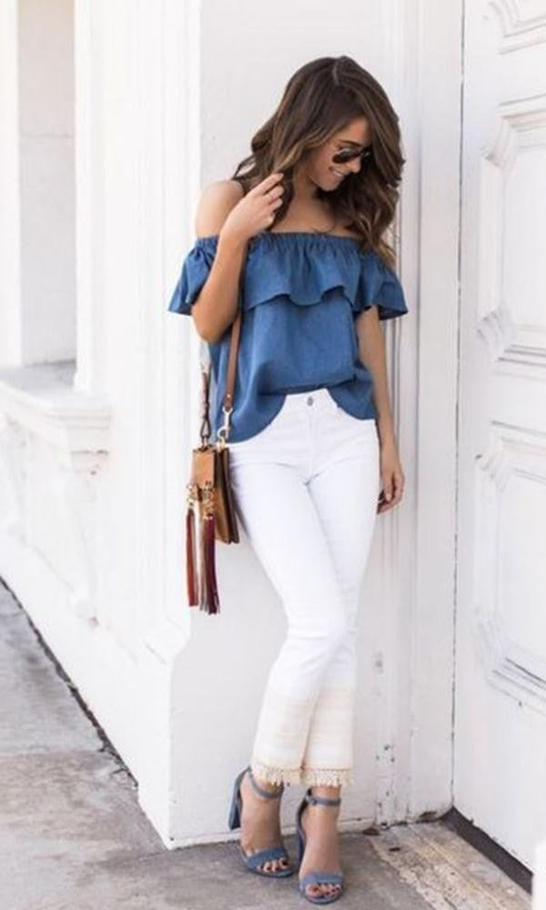 Off Shoulder Tops T-Shirts Summer Casual Cotton Denim