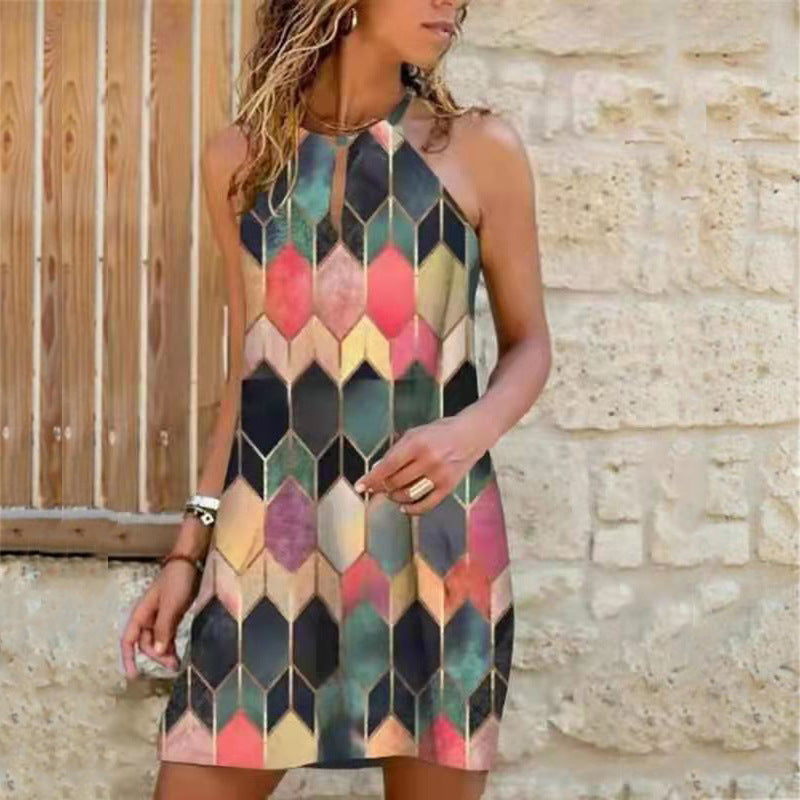 Sexy Sling Hanging Neck Print Dress