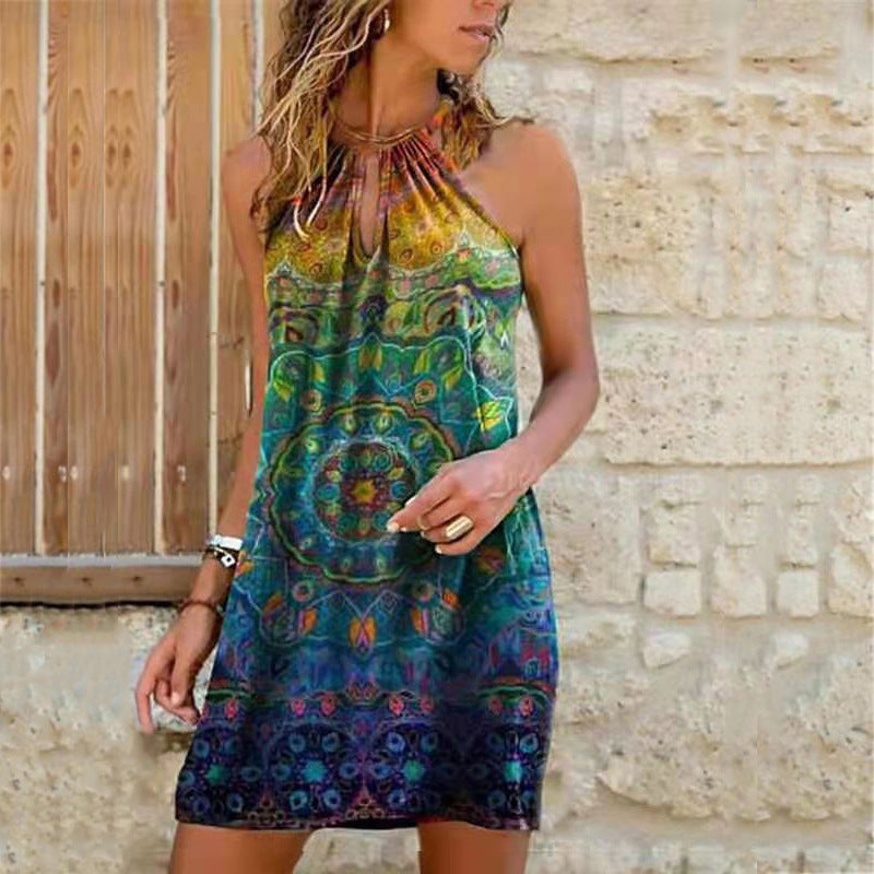 Sexy Sling Hanging Neck Print Dress