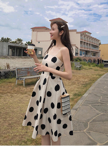 Temperament Sleeveless Big Polka Dot Suspender Skirt