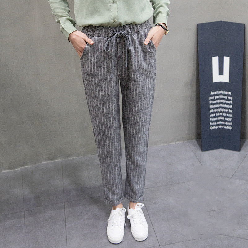 Loose Cotton And Hemp Pants Summer Pants Plaid Casual Feet Pants