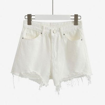 High-Waisted Denim Shorts With Cotton Holes